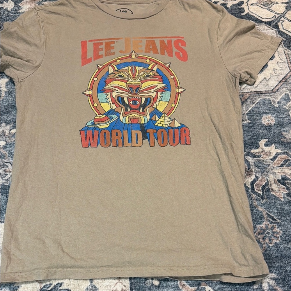 Lee Jeans 'World Tour' Graphic Tee - Tan with Red & Blue Print